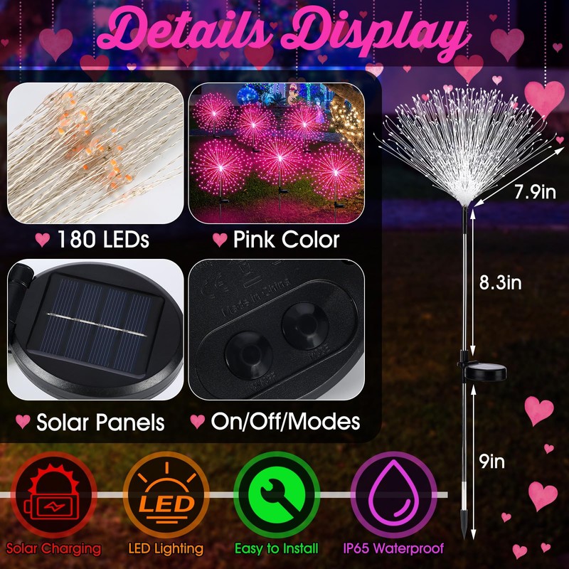 Tujoe 6 Pack Pink Solar Firework Lights 180 LED 8