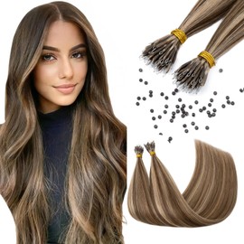 Elailite Nano Beads Hair Extension Real Human Hair 50 Strands 35g Cold Fusion With Nano Ring Micro Rings Remy Hair Straight （#4/27 Medium Brown Mix Dark Blonde, 24 Inch)
