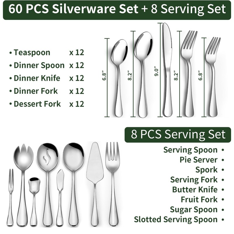 68 Pieces Silverware Set with Serving Utensils Set, CEKEE Stainless