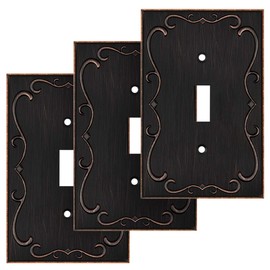 French Cabriole Decorative Wall Plate Switch Plate Outlet Cover (Single Toggle, 3 Pack, Aged Bronze)