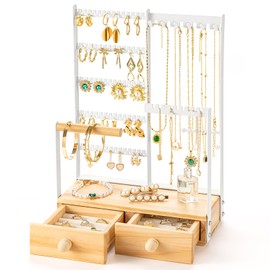 Jewelry Organizer Include 145 Holes for Earring Holder Organizer, 5 Tier Jewelry Stand with 2 Velvet Ring Holder, Jewelry Organizer Stand with 11 Hooks Necklace Holder and Bracket Holder, White