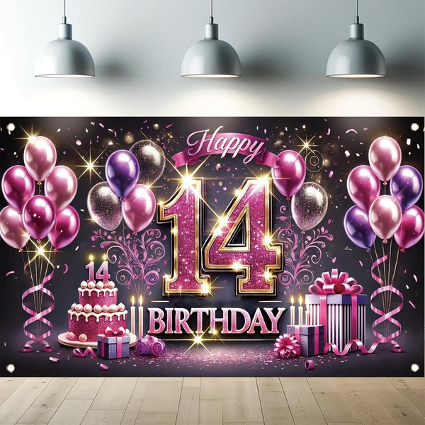 Starlit Patio Happy 14th Birthday Decorations Backdrop Banner for Girls