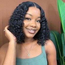 VIULKY 13x6 Deep Wave Bob Wig Human Hair 200 Density HD Lace Front Wigs Glueless Short Curly Lace Frontal Human Hair Wigs for Black Women Pre Plucked Natural Black 12 Inch