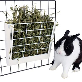 RUBYHOME Hay Feeder for Rabbits, Guinea Pigs, and Chinchillas - Minimize Waste and Mess with 9 1/4" x 3 3/4" x 8" Hanging Alfalfa and Timothy Hay Dispenser (White)
