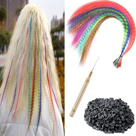 XIAO TAO ZI 12pcs/Lot 17'' Synthetic Feather Hair Extensions Hair Pieces +100 pcs Silicone Micro Beads+1 pcs Crochet Hook Hair Feathers Tool Kit (17'', 12 Pieces)