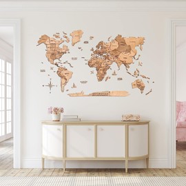 ENJOY THE WOOD 3D Wood World Map Wall Art Large Wood Wall Décor Housewarming Gift Idea Wood Wall Art World Travel Map For Home & Kitchen or Office (M, Light)