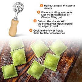 QYINXIU 4 Pack Ravioli Stamp Maker Cutter, with Roller Wheel, Wooden Handle and Fluted Edge, for Ravioli, Pasta, Dumplings Lasagna, Pierogi