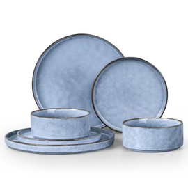 LIANYU Dinnerware Dish Sets for 2, 6 Piece Stoneware Plates and Bowls Sets, Kitchen Dinner Set for Dessert Salad Pasta, Microwave & Dishwasher Safe, Serenity Blue