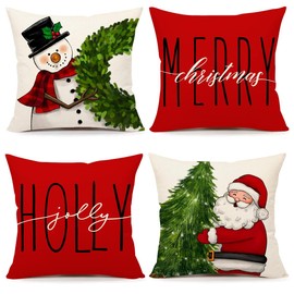 ZANZER Red Christmas Pillow Covers 18x18inch Set of 4 Farmhouse Christmas Decorations Snowman Wreath Santa Claus Tree Merry Christmas Holly Jolly Decor Throw Cushion Case for Home Couch (F)