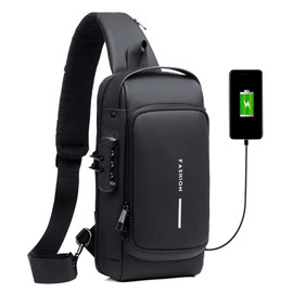 Men Sling Bag Pack with Lock Waterproof -Theft Chest Bag with USB Charging Port Shoulder Bag Crossbody Backpack QIUNI