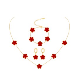 JIEMUCHU Gold Plated Stainless Steel Four Leaf Clover Bracelet Necklace and Earrings Jewelry Set for Women, 1.3cm*1.3cm, Yellow Gold, No Gemstone