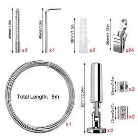 YIXISI 5 m Wall Mount Set, with 24 Pieces Metal Clips Hooks, Stainless Steel Curtain Wire, Curtain Steel Rope, for Photo Wire, Clothesline, Wire, Window, Curtain, Tension Wire