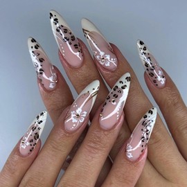 MERVF Long Press on Nails Stiletto Fake Nails Light Brown French Tip Glue on Nails Flower Press ons Leopard Cheetah Fall Almond Acrylic False Nails Glossy 24pcs