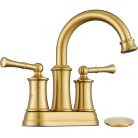 Brushed Gold 4 inch Centerset Bathroom Faucet, 2 Handle Bathroom Faucet 3 Hole, Antique Brass Bathroom Faucet with Pop Up Drain Supply Hose for Vanity Lavatory RV Farmhouse(L2303-BG)