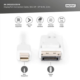 DIGITUS DisplayPort Anschlusskabel, mini DP - DP St/St, 3.0m, m/Verriegelung, DP 1.1a konform, we