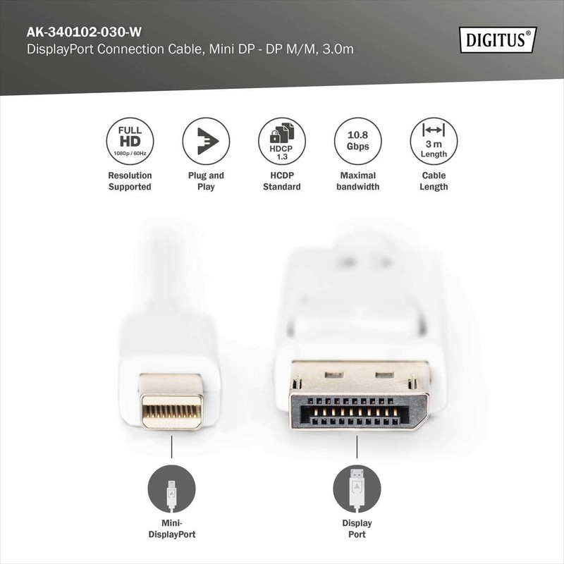 DIGITUS DisplayPort Anschlusskabel, mini DP - DP St/St, 3.0m, m/Verriegelung,