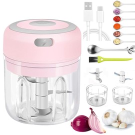 Electric Mini Garlic Chopper 2 Cup,Portable Cordless Food Processor, Vegetable Chopper Blender Onion Mincer,Meat Grinder with USB Charging for Chili,Pepper,Baby Food,Spice, Nuts,Herb(Pink 100+250m)