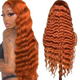 Weeybay #350 Copper Red Human Hair Curly 4x4 Lace Front Wigss Baby Hair HD Transparent 4x4 Lace Frontal Wigs Ginger Orange Color 16 Inch