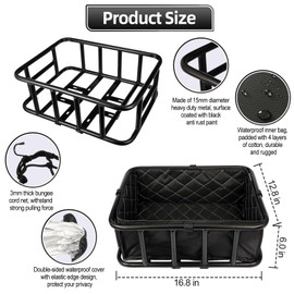 Bike Basket Rear, Bicycle Basket with Removable Liner Bag, Waterproof Cover & Cargo Net, Large Rear Bike Rack, Easy Assembly Bike Basket for Most Bikes and E-Bike, Carrying Pets, Fruit, Groceries