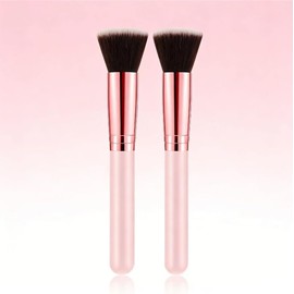 2Pcs Flat Top Foundation Brush Set- Multi Brush For Contour, Blush, Concealer, Eyeshadow & Liner. Works With Liquid, Cream & Powder. For Daily, Bridal & Pro Use. Soft Pink Bristles.