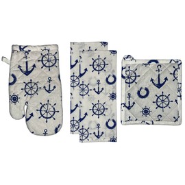Set of 4, 100% Cotton, Coastal Nautical Anchor and Sailingboat Design, Kitchen Towel Set, Include 2 Kitchen Towels, 1 Pot Holder & 1 Ovenmitt.