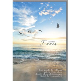 Skorpion Sympathy Card Seagulls Fly Over Beach in Sunset Saying "Trost - with Envelope