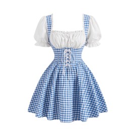 WDIRARA Women's Vintage Cottagecore Gingham Dresses Puff Sleeve Lace Up Corset Flared Dress Blue and White Small