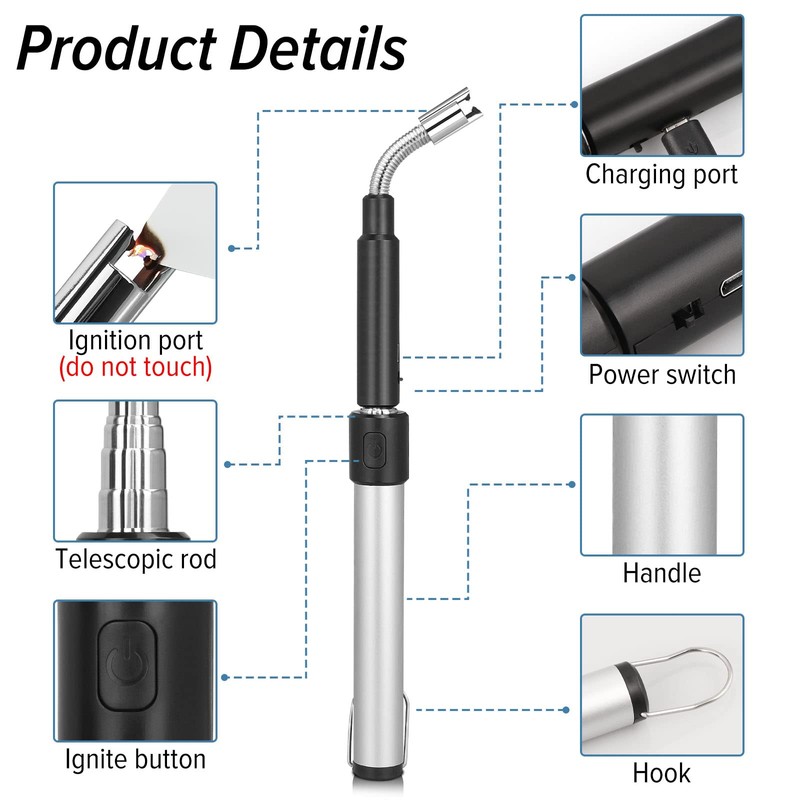 Electric Arc Flexible Neck Long Lighter,Retractable Length 11.4in to 27.55in,Rechargeable