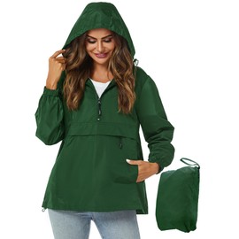 Avoogue Packable Lightweight Rain Jacket Women Raincoat in A Bag for Women Pullover Windbreaker Dark Green L