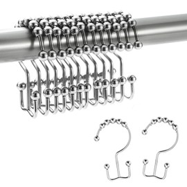 ECESLENT Shower Curtain Rings Set of 12 Rust-Resistant Metal Double Glide Rollers Hooks for Shower Curtain, Easy Install Rolling Hooks Rings Shower Rings for Bathroom Shower Curtain Rod, Silver