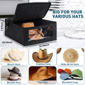Suzile 2 Pack Hat Storage Box for Cowboy Hat Square Foldable Travel Wide Brims Caps Clothing Storage Case, Stackable Hat Organizer Bag Large Capacity Foldable Closet Sheet Storage Box (Dark Gray)