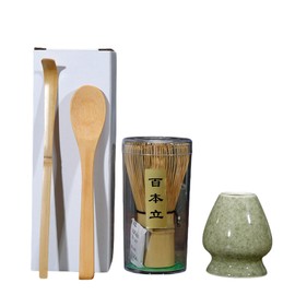 Handcrafted Bamboo Matcha Whisk Set 4 Piece Includes Traditional Tea Spoon Matcha Spoon and Ceramic Matcha Stand Perfect Matcha Tea Set(Matcha Color)