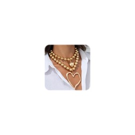 Chunky Heart Necklace for Women,Y2k Large Pearl Beads Heart Choker Necklaces Exaggerated Big Hollow Love Pendant Necklace Dainty Statement Jewelry Gift (2-gold)