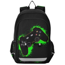 Krafig Green and Black Video Game Backpack Girls Boys Elementary School Bags Bookbags Laptop Backpack Travel Daypack Safe Reflective Stripes