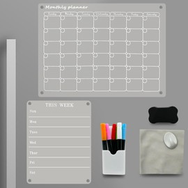 2 Pack Magnetic Acrylic Calendar for Fridge,12"x16" Clear Fridge Calendar and 12"x8" Weekly Meal Magnetic Planning Board, Set Includes 6 Colorful Markers,Pen Holder,Dry Eraser,Erase Towel,Towel Hook