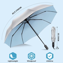 ZOMAKE Travel Umbrella UV Protection - Small Portable Sun Umbrellas Compact - Paraguas Automatic Folding Umbrella Windproof UV Blocking Packable Umbrella Lightweight for Women Men(Silver & Light Blue)