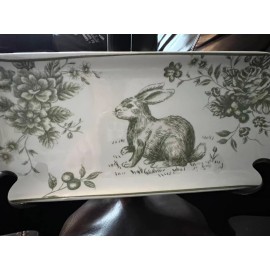 Maxcera New Maxcera Toile Bunny Green Rabbit Easter Tray 10 3/4 x 5”
