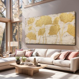 Gold Foil Wall Art for Living Room Minimalist Leaves Painting Grey Wall Prints for Bedroom Home Artwork 29"x 58" Room Wall Decor Aesthetic Large Size