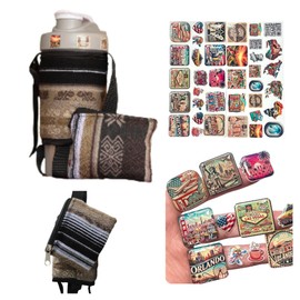 T1-GR Fabric Water Bottle Carrier – Includes Coin Pouch + 3D & Waterproof Sticker Packs, Adjustable Strap – Kit for Travel, Gym, Beach, Hiking, Walking, Biking & Daily Adventures (Gray)