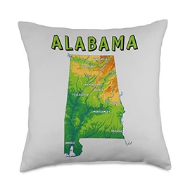 Physical Map of Alabama, major cities, lakes, rivers, USA Throw Pillow