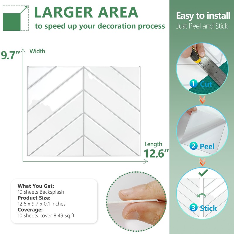 STICKGOO 10 Sheets Thicker Herringbone Peel and Stick Backsplash, 12.6”×9.7”