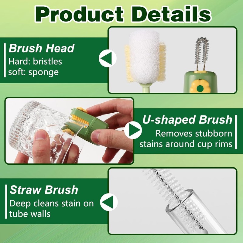 5-in-1 Bottle Cleaning Brush Set, Multifunctional Kitchen Lid Scrubber with