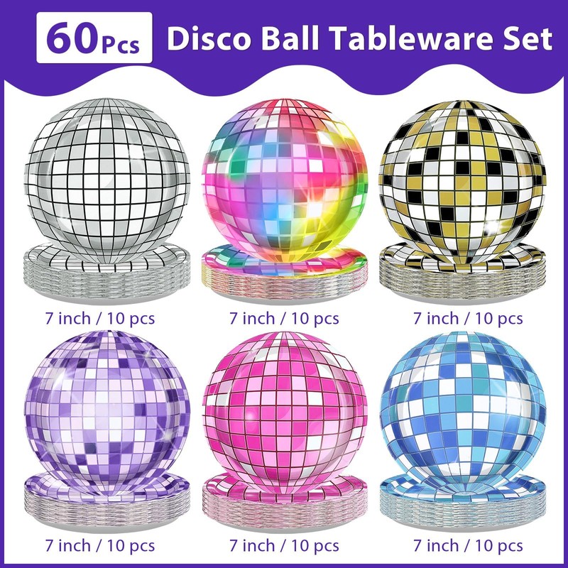 60Pcs Disco Paper Plates 7" Colorful Silver Disco Ball Heavy