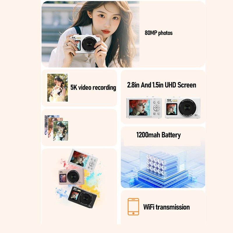 Dpofirs 5K Digital Camera for Photography, 80MP WiFi Vlogging Camera,