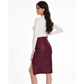 We1Fit Women's High Waisted Fuax Leather Midi Skirt Ruched Wrap Sexy Bodycon Pleather Pencil Knee Length Skirts Wine Red