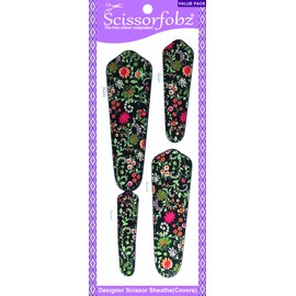 SCISSORFOBZ Designer Scissors Sheaths Shears Protective Covers-4 pcs Assorted Size Value Pack - Multicolor Floral Garden On Black Design-#4-277