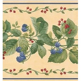 CONCORD WALLCOVERINGS ™ Wallpaper Border Floral Pattern Leaves Berries for Kitchen Cottage Living Room, Yellow Green Red Blue, 15 ft by 7 in BKB2956