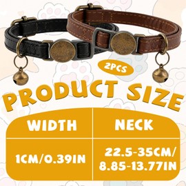 2 Pcs Retro Leather Cat Collar for Boy Cats, Adjustable Breakaway Cat Collar with Bell, Soft PU Leather Collars for Kittens Small Pets (Black & Brown)