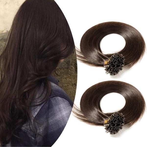 U-Tip Real Hair Bonding Extensions, Keratin Hair Extensions for Girls, 100 Strands, 22 Inches (56 cm), 100 g, #2 Dark Brown Elailite
