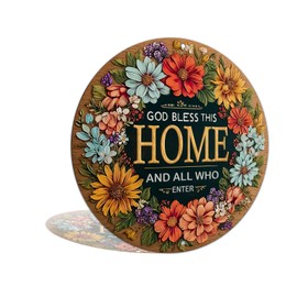 God Bless This Home and All Who Enter Round Wreath Decor for Home Bedroom Living Room Door Garden Welcome Porch Door Decoration 8x8 Inch Aluminum Metal Tin Sign (25149)
